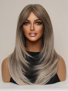 魅力化纖耐熱假髮蝴蝶形長直髮分層假髮金色 26 英寸帶劉海假髮髮根棕色，日常女式派對裝自然髮 - 彩色 - 查看 2