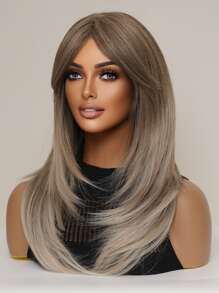 魅力化纖耐熱假髮蝴蝶形長直髮分層假髮金色 26 英寸帶劉海假髮髮根棕色，日常女式派對裝自然髮 - 彩色 - 查看 4