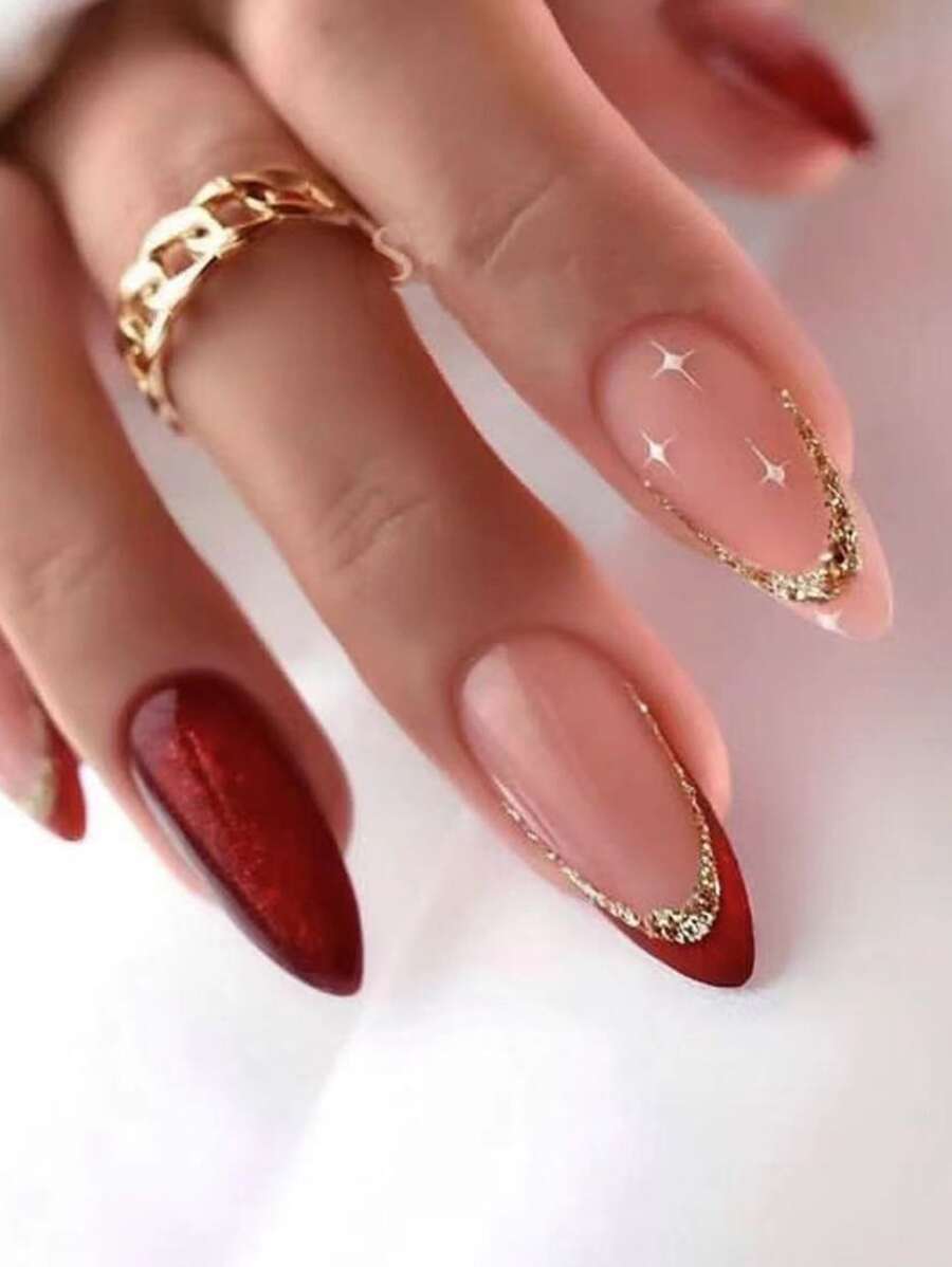 24 chiếc ngắn hình quả hạnh vàng lấp lánh & móng tay giả màu đỏ đậm với một gói keo thạch & 1 chiếc dũa móng tay ấn vào móng tay Đồ dùng làm móng