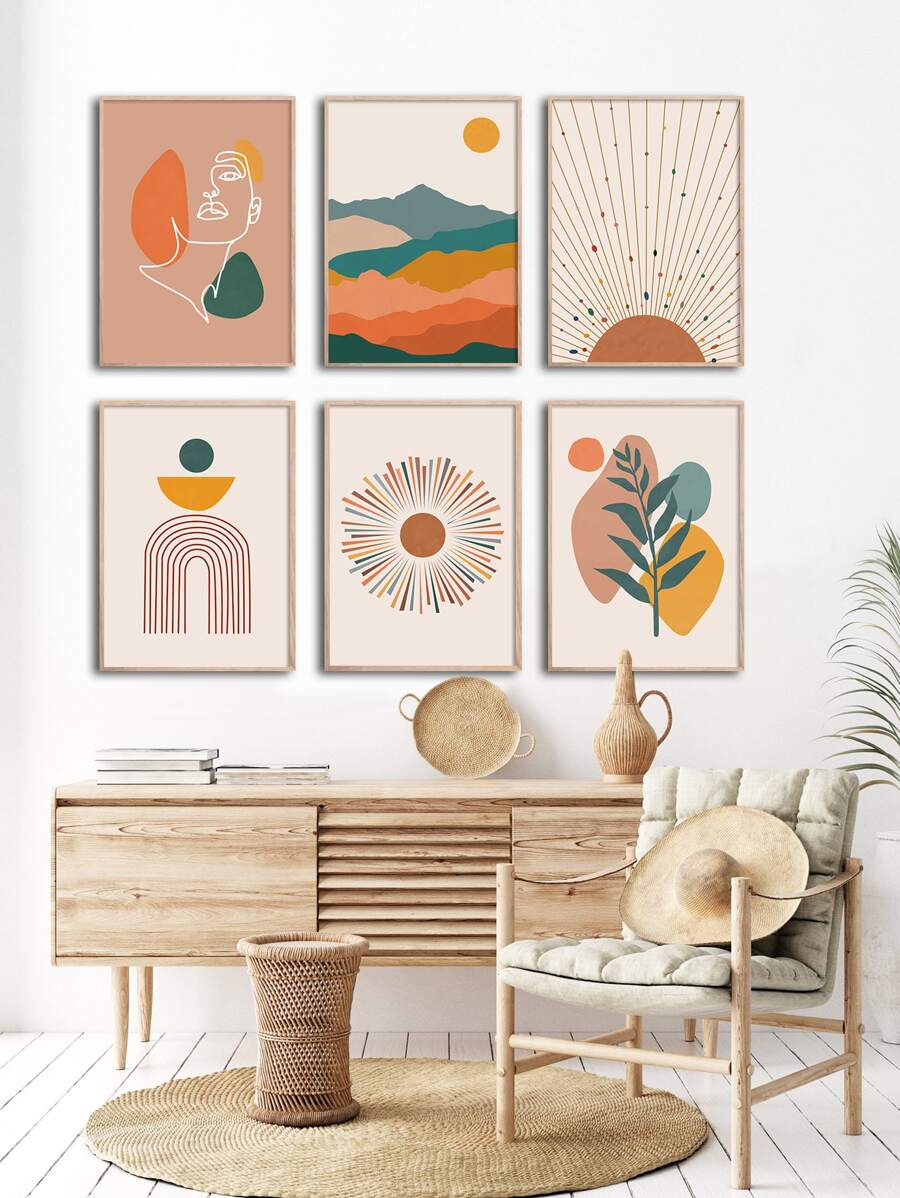6pcs Modern Abstract Aesthetic Geometric Line Art Sunshine Posters Canvas Painting Bohemian Wall Print Picture for Living Room Bedroom Home Decoration,Frameless - Apricot - View 1
