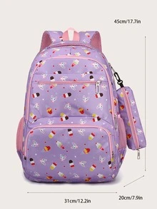 3pcs/set Fashionable Ice Cream Pattern Backpack With Crossbody Bag And Coin Purse - Purple - View 5
