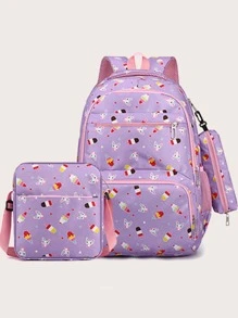 3pcs/set Fashionable Ice Cream Pattern Backpack With Crossbody Bag And Coin Purse - Purple - View 6