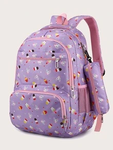 3pcs/set Fashionable Ice Cream Pattern Backpack With Crossbody Bag And Coin Purse - Purple - View 3
