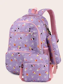 3pcs/set Fashionable Ice Cream Pattern Backpack With Crossbody Bag And Coin Purse - Purple - View 1