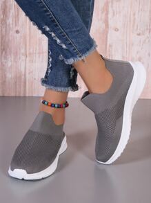 Autumn Knit Sock Boots Leisure Slip-on Sports Shoes - Grey - View 1