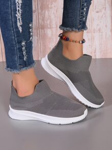 Autumn Knit Sock Boots Leisure Slip-on Sports Shoes - Grey - View 2