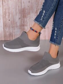 Autumn Knit Sock Boots Leisure Slip-on Sports Shoes - Grey - View 3
