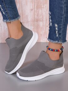 Autumn Knit Sock Boots Leisure Slip-on Sports Shoes - Grey - View 5