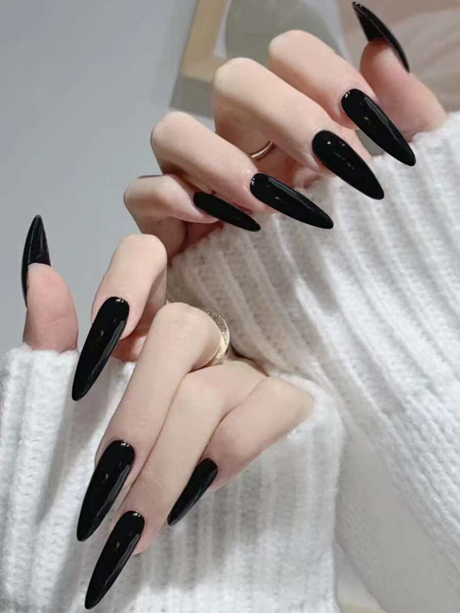 24pcs Almond Shape False Nails, 1pc Jelly Glue, And 1pc Nail File - Black - View 1