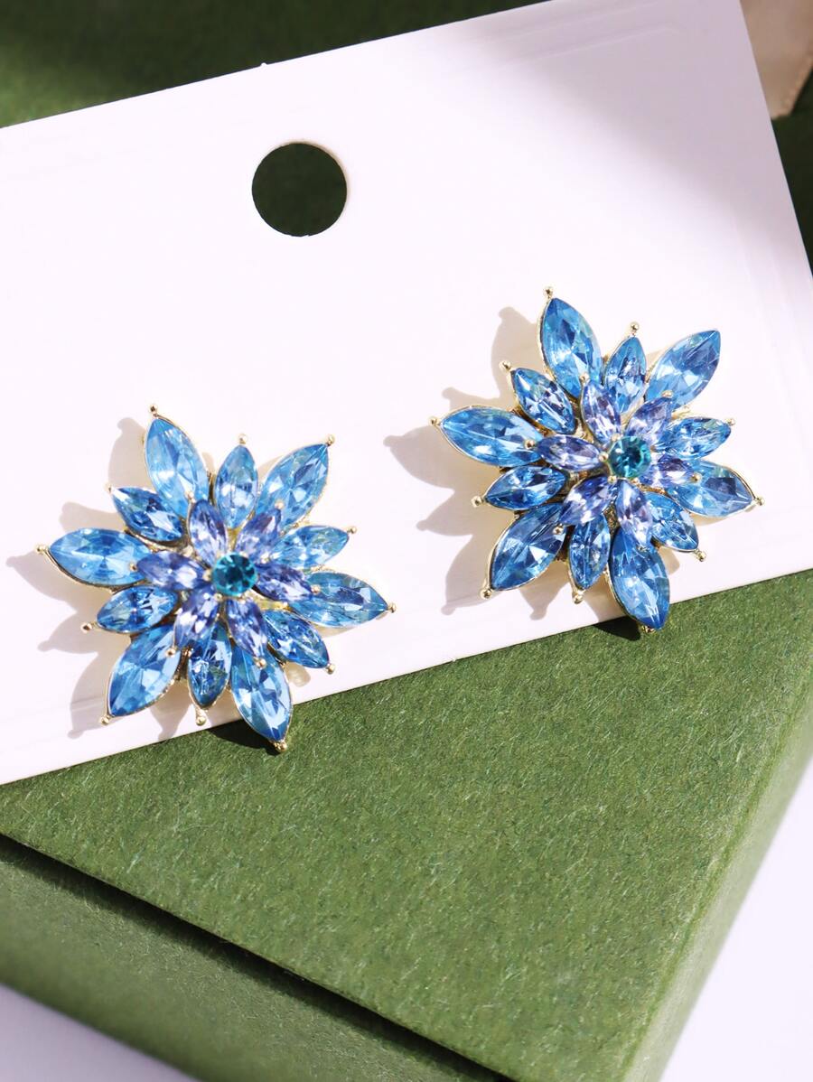 1pair Blue Luxury Exaggerated Snowflake Shaped Rhinestone Stud Earrings For Women - Blue - View 1