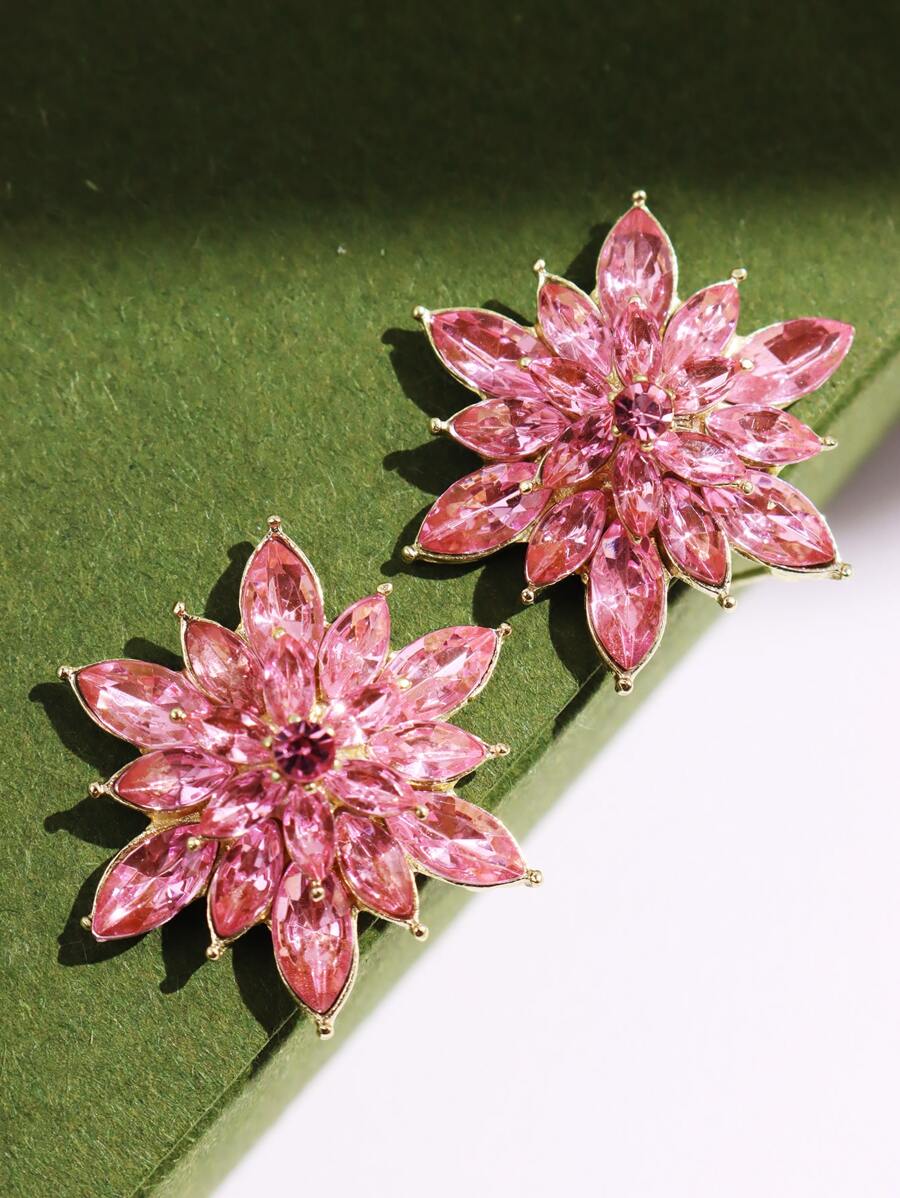 1雙輕奢誇張雪花形狀粉色水鑽耳釘,女士首飾類 - 紅色 - 查看 1