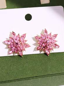 1雙輕奢誇張雪花形狀粉色水鑽耳釘,女士首飾類 - 紅色 - 查看 3