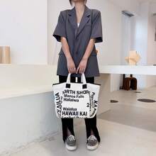 女士帆布休闲手提包，复古艺术帆布斜挎包，灯芯绒拉链单肩手提包，奢华设计师风格，文艺风格背包，适合女性或学生，非常适合存放书籍、购物物品、返校必需品等。 - 黑與白 - 查看 3