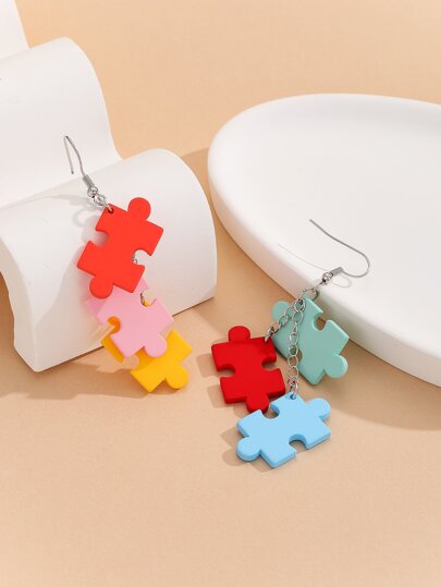 1pair Pastel Colored Puzzle Pieces Shaped Acrylic Pendant Earrings, Fashionable For Girls' Party
