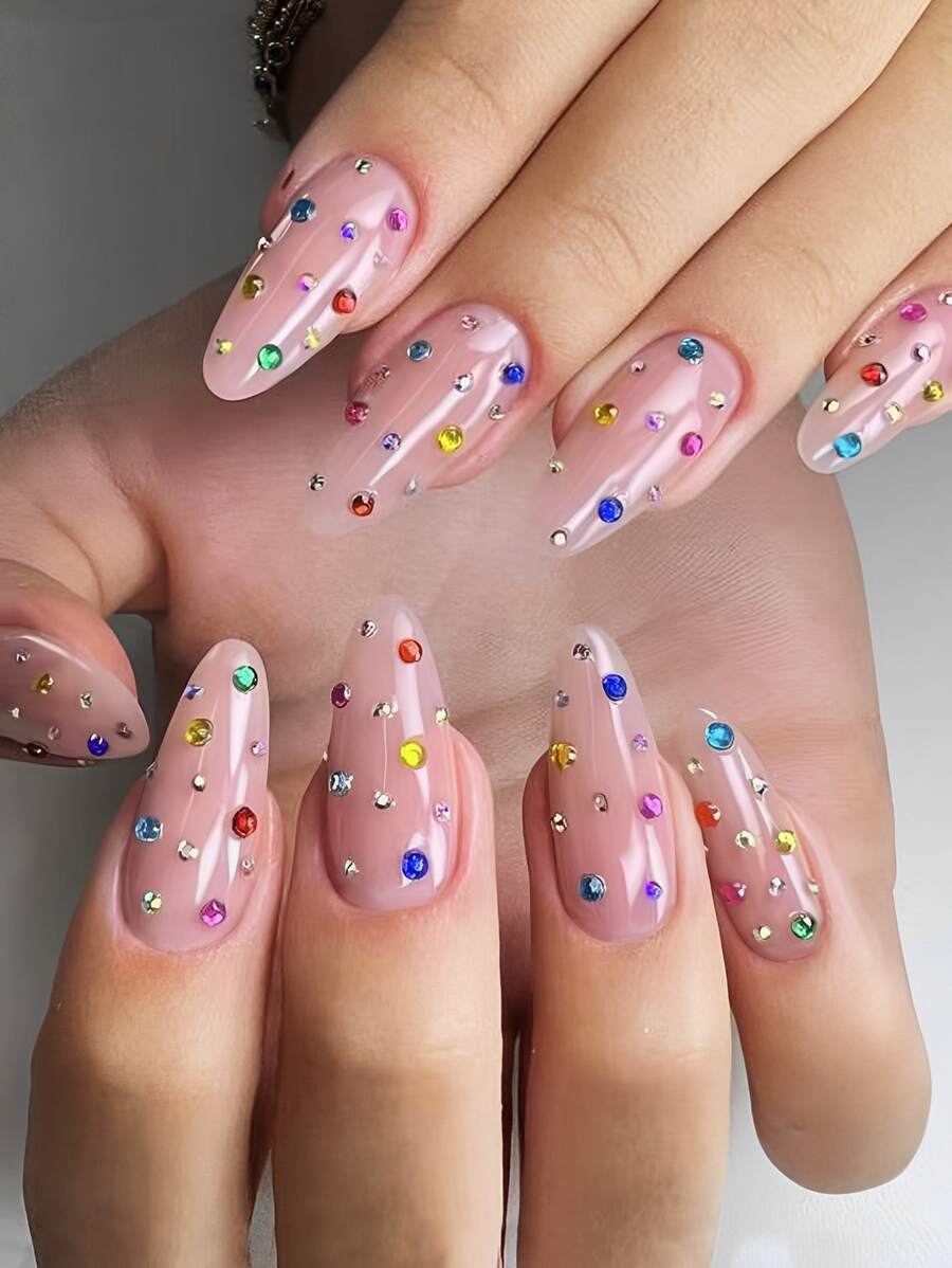 24pcs/Set Almond Shaped Press-On Nails, Jewel & Rhinestone Decor, Solid Color Artificial Nails, White Daily Wear, Includes 1pc Jelly Gel & 1pc Nail File, Manicure Supplies - Multicolor - View 1