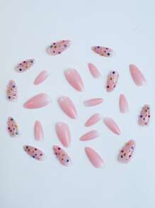 24pcs/Set Almond Shaped Press-On Nails, Jewel & Rhinestone Decor, Solid Color Artificial Nails, White Daily Wear, Includes 1pc Jelly Gel & 1pc Nail File, Manicure Supplies - Multicolor - View 4