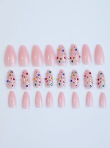 24pcs/Set Almond Shaped Press-On Nails, Jewel & Rhinestone Decor, Solid Color Artificial Nails, White Daily Wear, Includes 1pc Jelly Gel & 1pc Nail File, Manicure Supplies - Multicolor - View 3