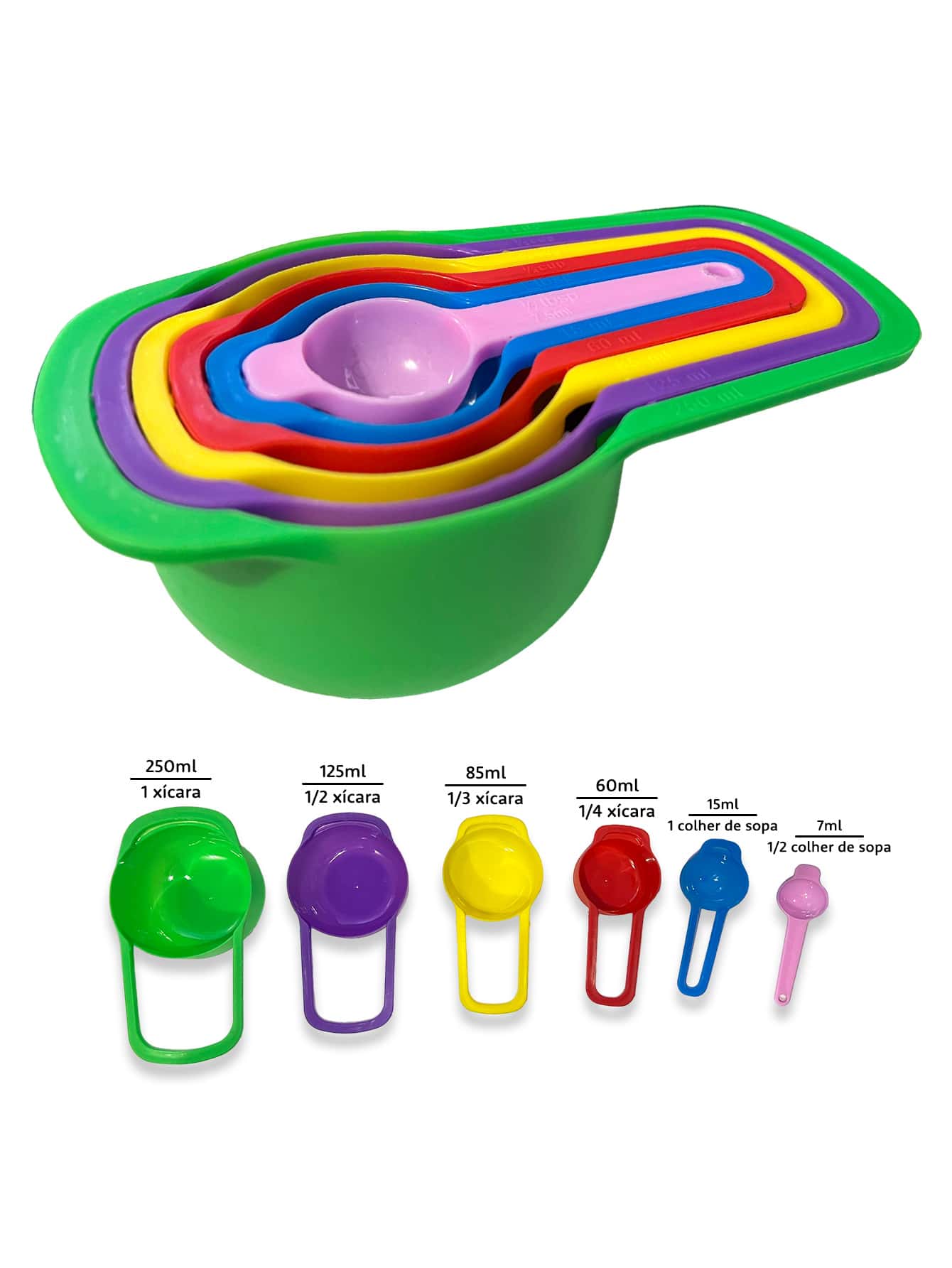 Kit De Colheres Medidoras Cozinha Culinária Confeitaria - 250ml,125ml,85ml,60ml,15ml,7ml - Multicolorido - Visão 1