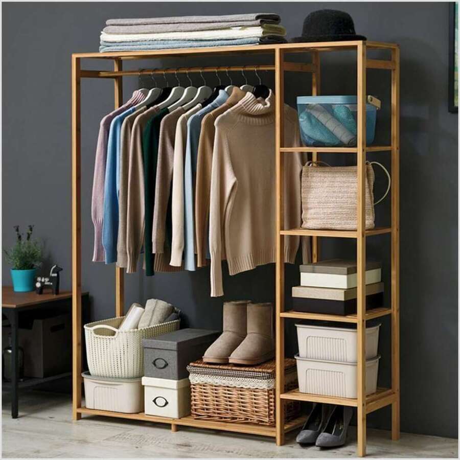 Bamboo GarmENTt Rack Storage Shelves Clothes Hanging Wardrobe Closet Stand Room Decor Home Decor Fall Decor Bedroom Decor - Beige - View 1