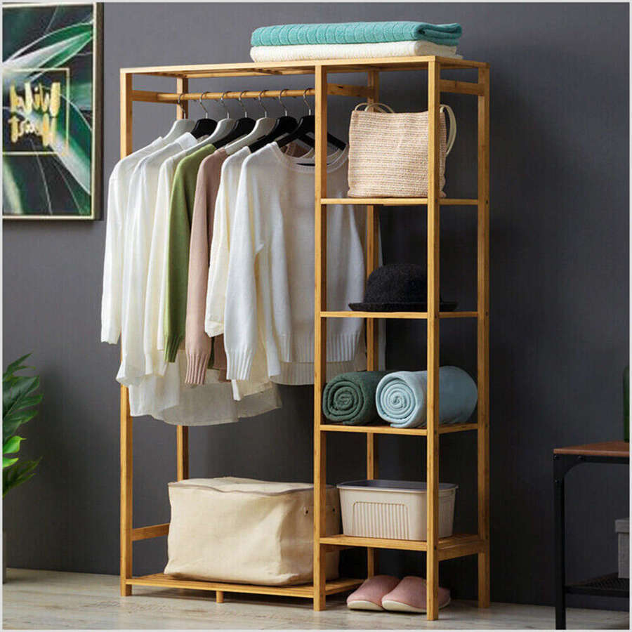 Bamboo GarmENTt Rack Storage Shelves Clothes Hanging Wardrobe Closet ...