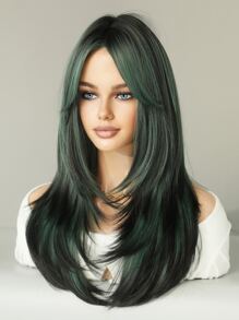 7JHH WIGS Tóc giả màu xanh lá cây ombre cho phụ nữ Tóc giả dài thẳng nhiều lớp 24 inch Tóc giả màu xanh lá cây đen pha trộn tự nhiên tổng hợp có mái Tóc giả cho tiệc hóa trang Ngày lễ Thánh Patrick - Màu xanh lá cây đậm - Xem 5