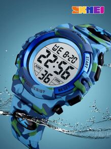 Skmei 1 Trẻ Em Dây Đeo TPU Chống Nước Camo Mặt Tròn Đồng Hồ Kỹ Thuật Số Để Trang Trí Hàng Ngày - Màu xanh nhạt - Xem 1