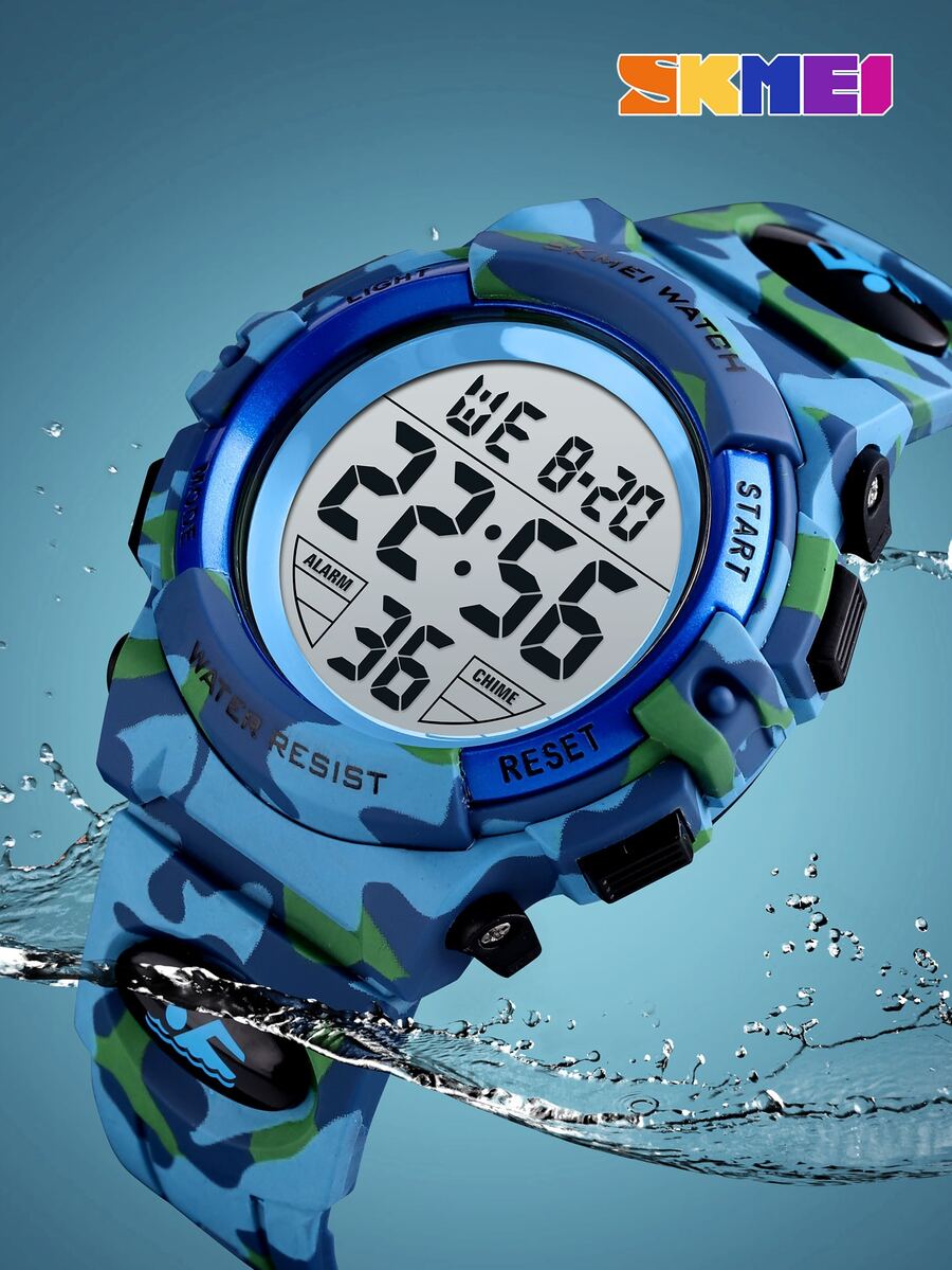Skmei 1 Trẻ Em Dây Đeo TPU Chống Nước Camo Mặt Tròn Đồng Hồ Kỹ Thuật Số Để Trang Trí Hàng Ngày - Màu xanh nhạt - Xem 1