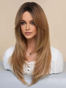 7JHH WIGS Ombre Brown Layered Wig For Women Long Straight Wigs With Curtain Bangs Synthetic High Density Heat Resistant Fiber Hair Wig For Daily Party Use 24 Inch - Rust Brown - View 4