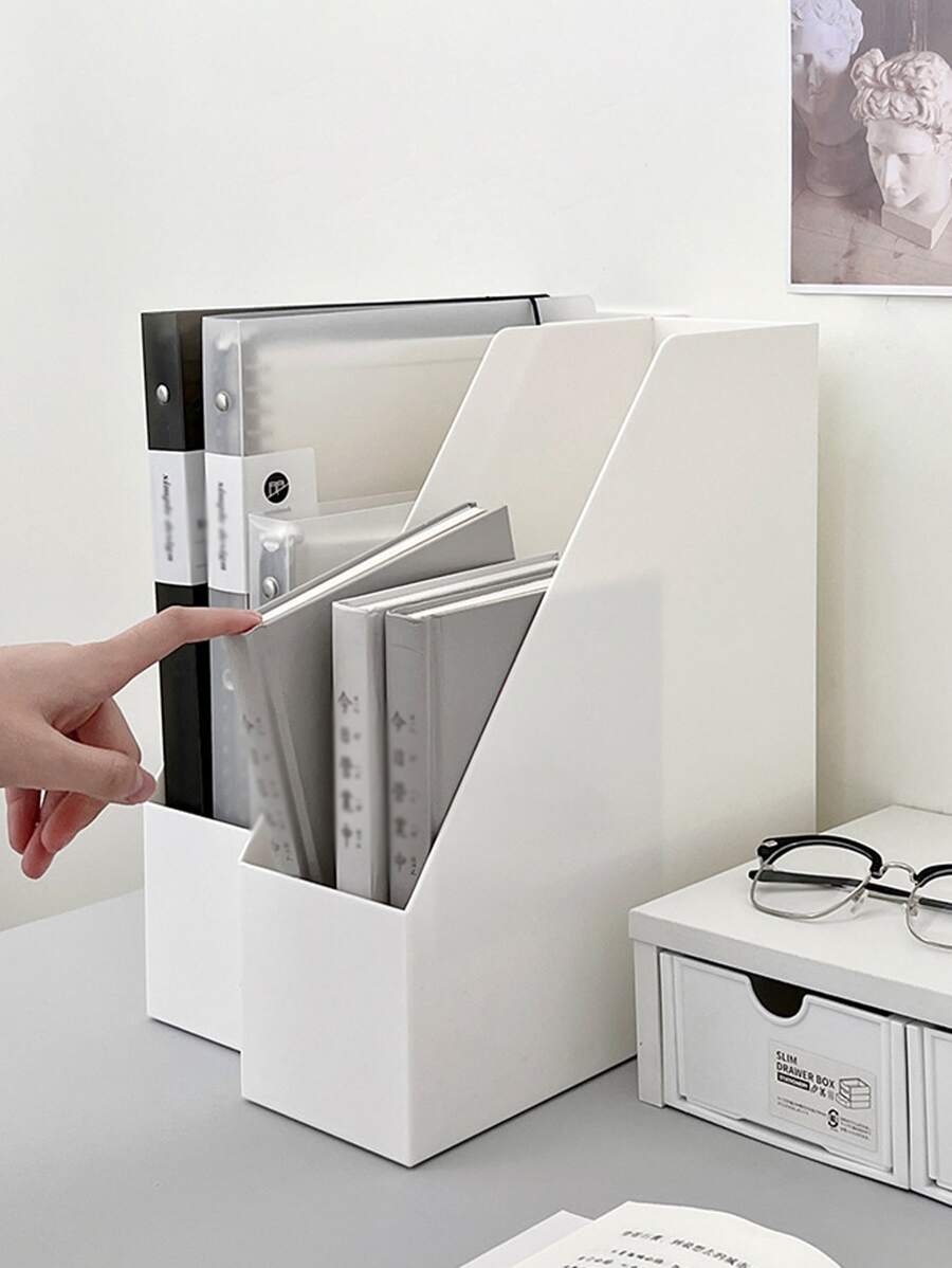1pc White Abs Desk Multifunctional File Storage Box - White - View 1