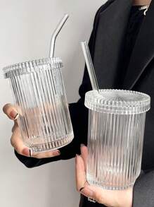 One Set Including Vertical Stripe Pattern Glass Water Cup With Lid, Straw And Sleeve For Coffee, Cold Drinks, Home Use, Minimalist Style - Clear - View 5