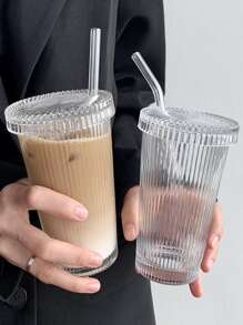 One Set Including Vertical Stripe Pattern Glass Water Cup With Lid, Straw And Sleeve For Coffee, Cold Drinks, Home Use, Minimalist Style - Clear - View 2