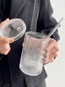 One Set Including Vertical Stripe Pattern Glass Water Cup With Lid, Straw And Sleeve For Coffee, Cold Drinks, Home Use, Minimalist Style - Clear - View 6