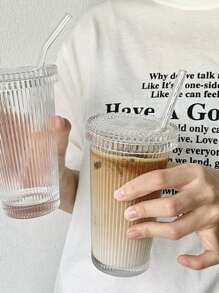 One Set Including Vertical Stripe Pattern Glass Water Cup With Lid, Straw And Sleeve For Coffee, Cold Drinks, Home Use, Minimalist Style - Clear - View 4