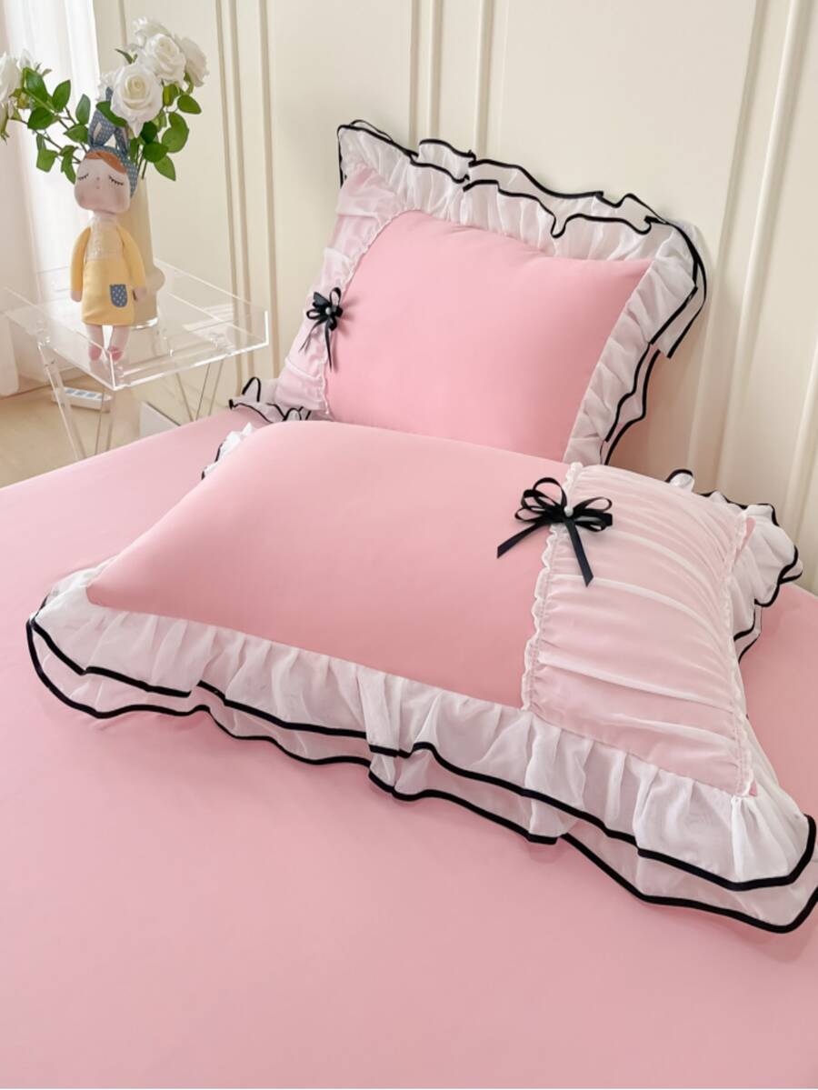 2pcs Pink Bow Ruffled Pillowcases, Four Seasons Universal, For Living Room Bedroom Sofa, No pillow insert - Pink - View 1