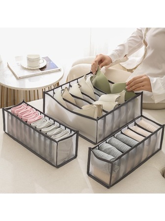 Erlia Underwear & Socks Storage Box With Dividers For Bra, Underwear, Socks And More - Grey, 6 Grids + 7 Grids + 11 Grids