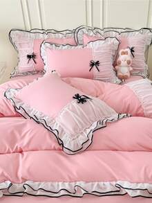 2pcs Pink Bow Ruffled Pillowcases, Four Seasons Universal, For Living Room Bedroom Sofa, No pillow insert - Pink - View 2