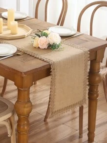 1pc Natural Linen Tassel Burlap Wedding Table Runner - Khaki - View 4