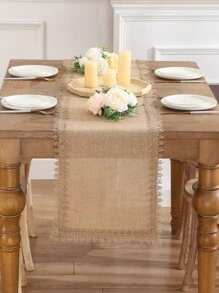 1pc Natural Linen Tassel Burlap Wedding Table Runner - Khaki - View 1