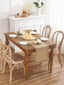 1pc Natural Linen Tassel Burlap Wedding Table Runner - Khaki - View 2