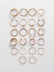 22 件/套心形设计戒指、开口戒指和关节戒指，适合女士情人节 - 金色 - 查看 3