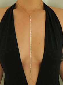 Dazzling Rhinestone Body Chain, Personalized & Exaggerated Beach Vacation Leisure Clavicle Chain, Fashionable Simple Metal Rhinestone Necklace Waist Chain - Gold - View 2