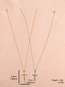 1入組女士的鋅合金交叉&紋理吊墜項鍊 - 金色 - 查看 4