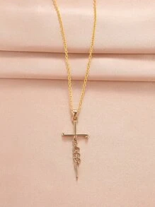 1入組女士的鋅合金交叉&紋理吊墜項鍊 - 金色 - 查看 5