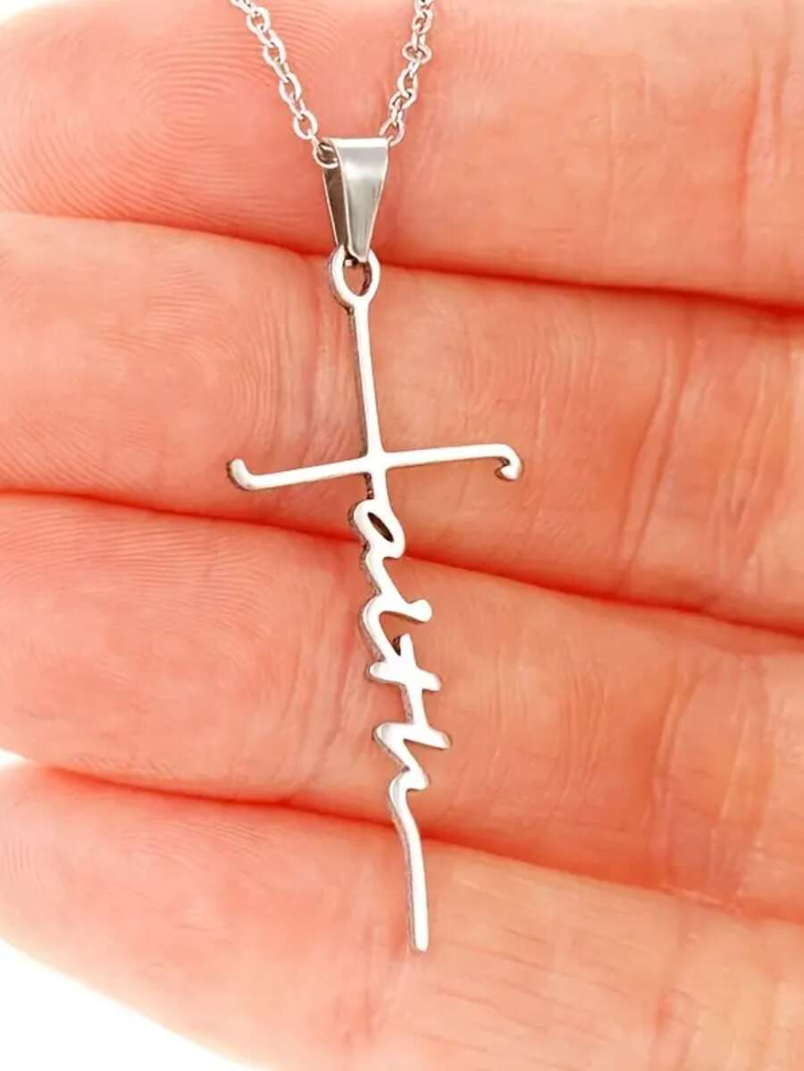 1pc Ladies' Zinc Alloy Cross And Faith Inscription Necklace - Silver - View 1