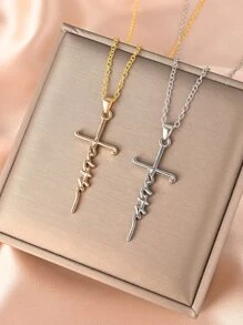 1pc Ladies' Zinc Alloy Cross And Faith Inscription Necklace - Silver - View 2