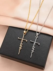 1pc Ladies' Zinc Alloy Cross And Faith Inscription Necklace - Silver - View 3