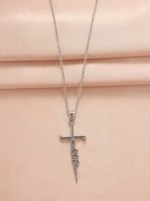 1pc Ladies' Zinc Alloy Cross And Faith Inscription Necklace - Silver - View 5