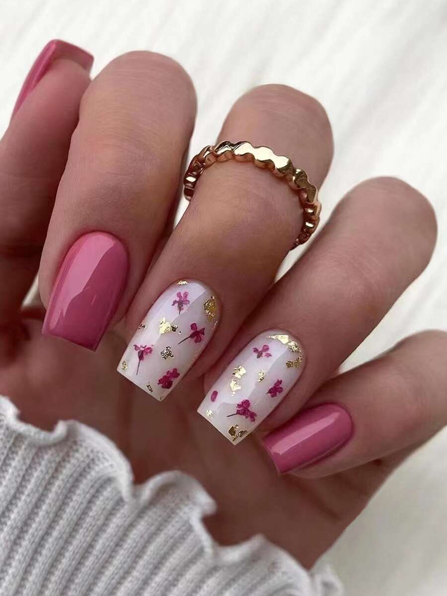 24 cái Ngắn Hình vuông Vàng lấp lánh vui tươi Hoa Móng tay giả Bộ Với Thạch Keo dính , 1 Miếng Giũa móng tay Và 1 Miếng Gậy - Nhiều màu - Xem 1