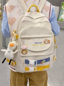Mochila funcional con letra con estampado de moda con colgante & distintivo - Blanco - Ver 5