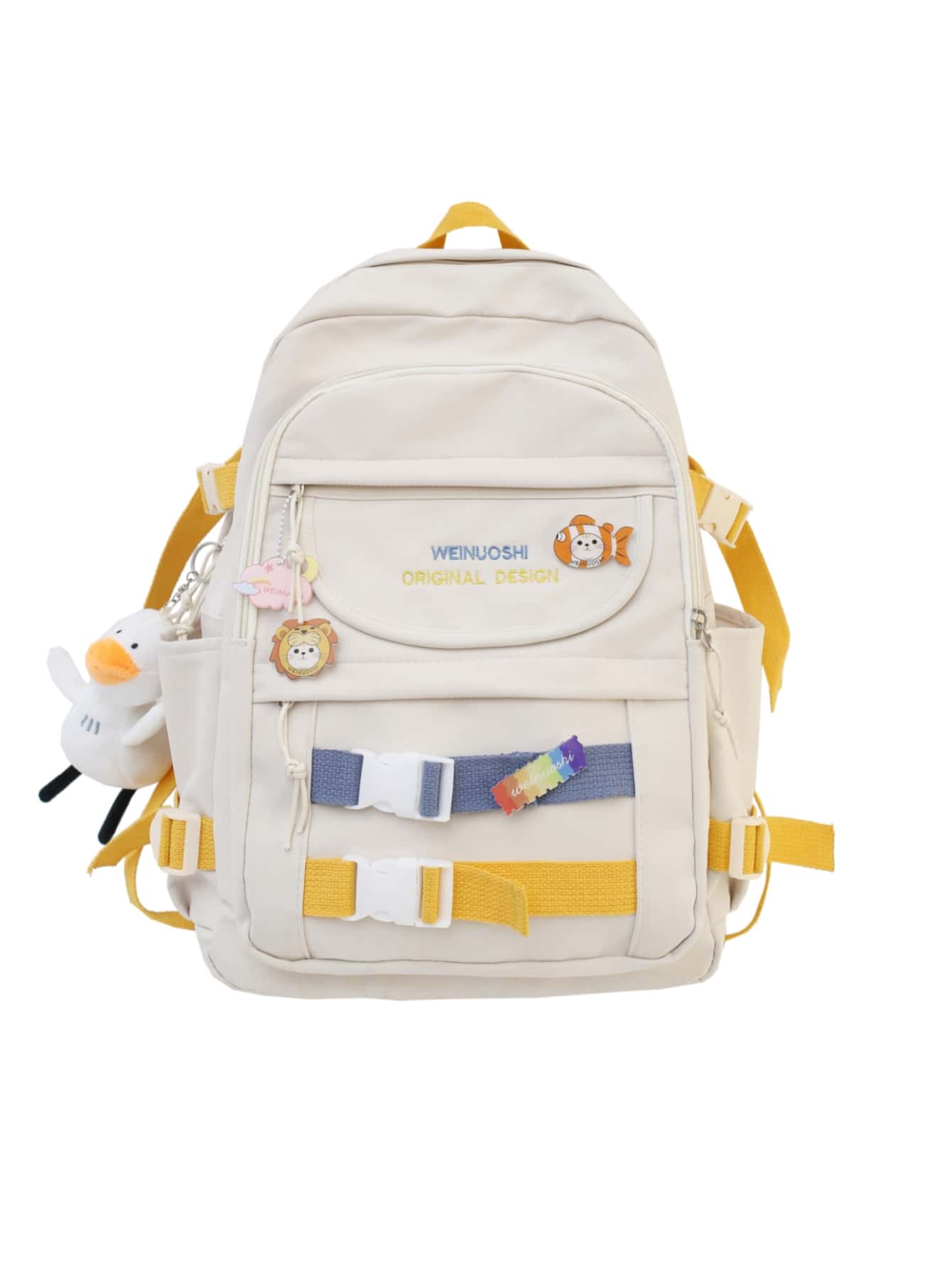 Mochila funcional con letra con estampado de moda con colgante & distintivo - Blanco - Ver 1
